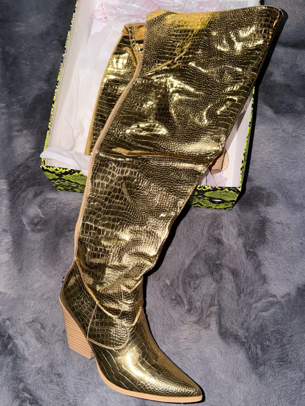 Gold Croc-Embossed Over-the-Knee Heel Boot